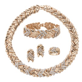 PalmBeach Goldtone Round Crystal Braided Necklace (17.5mm), Earring, Bracelet and Ring Set, 18 inches, crystal