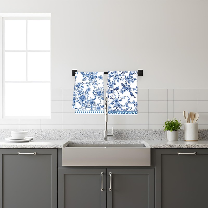 VISSTREE Chinoiserie Floral Kitchen Towels, 4 PCS White Blue Flowers