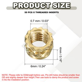 PATIKIL M4 Threaded Inserts M4x4x6mm, 50 Pcs Brass Heat Set Insert Female Threaded Inserts Metric Knurled Nuts Embedment Nut for Plastic and 3D Printing Components, Gold