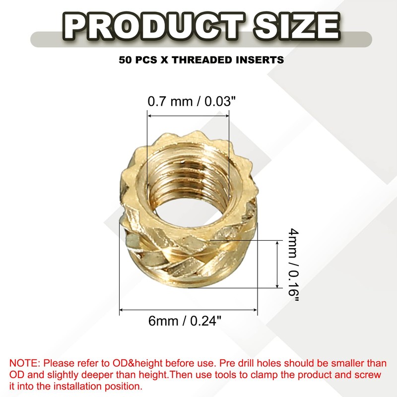 PATIKIL M4 Threaded Inserts M4x4x6mm, 50 Pcs Brass Heat Set