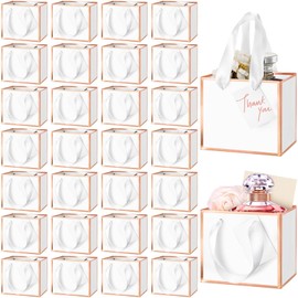Yeaqee 50 Pcs Mini Metallic Foil Paper Gift Bag with Handle 4x4.75x2.25'' Extra Small Thank You Favor Bag with Tag for Graduation Birthday Party Goodies Wedding Bridal Baby Shower(White, Rose Gold)