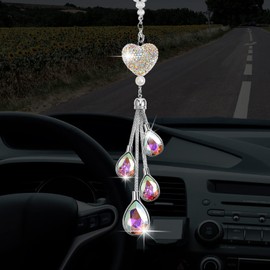 Frienda Bling Heart Car Charms Car Accessories for Women Christmas Crystal Rear View Mirror Hanging Charm Diamond Decoration Lucky Interior Ornament Pendant Gift for Valentine(7.5 Inch,AB Color)