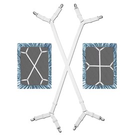 ASADAYS 2-Pack Bed Sheet Fasteners 4-Clip Adjustable Triangular Elastic Straps Cross Mattress Anti-Slip Grippers Secure Grip Clips for Bed Sheets and Sofa Cushions Essential for Home (White-4Clip/2P)