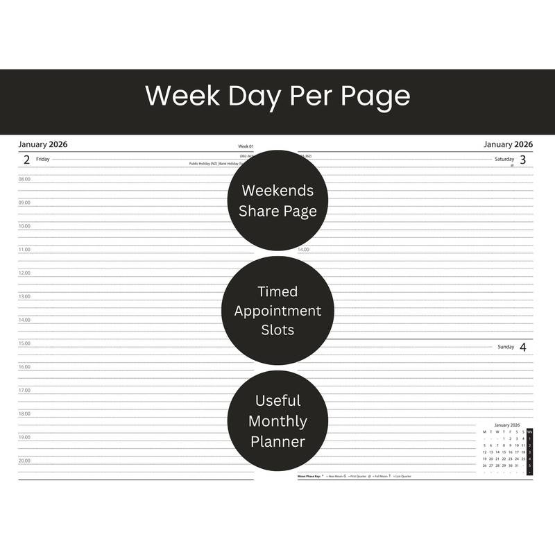 2026 A4 Diary Week Day Per Page - Black Appointment