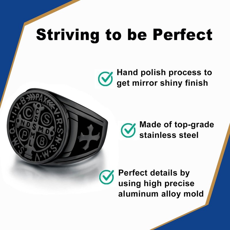 LAOYOU 2Pcs Men's St Benedict Ring Silver Black Stainless Steel