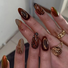 Medium Press on Nails Almond Fake Nails with Butterfly 3D Lines Designs Brown Nails Press ons Fall Acrylic Nails Glossy Glue on Nails Grey False Nails Nude Stick on Nails for Women 24Pcs