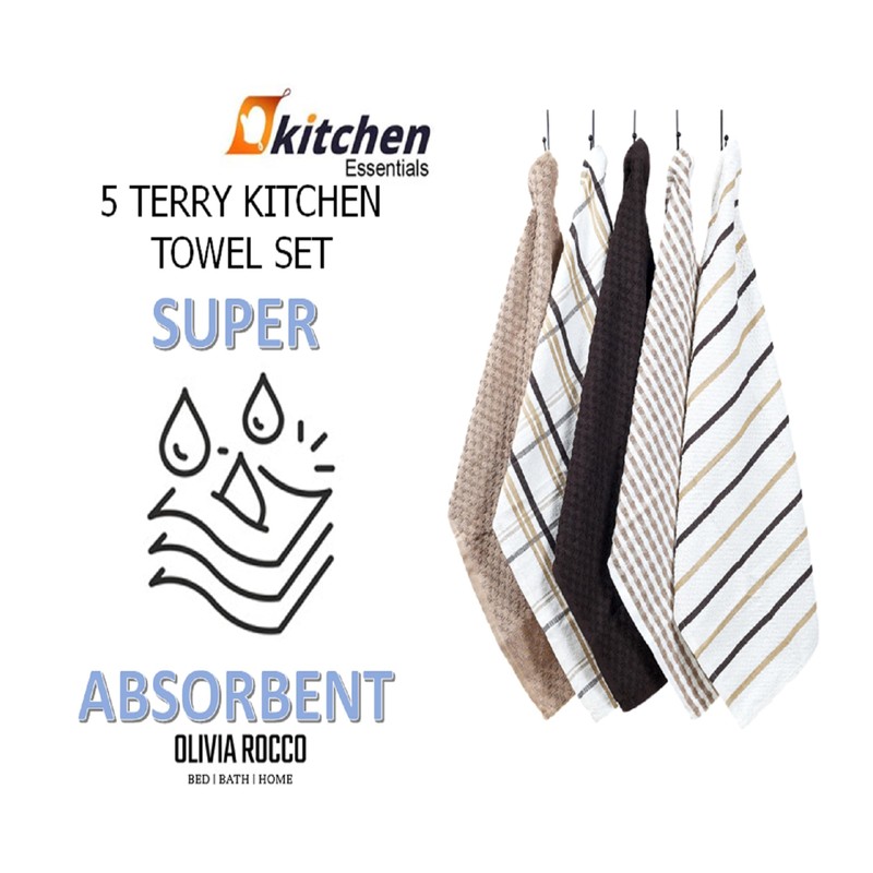 Olivia Rocco 5 Pack Terry Kitchen Tea Towels Cotton Super