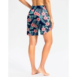G Gradual - Pantalones cortos de natación de cintura alta para mujer de 7 pulgadas con bolsillos, secado rápido, pantalones cortos de natación para playa con forro, Flor azul marino , Large