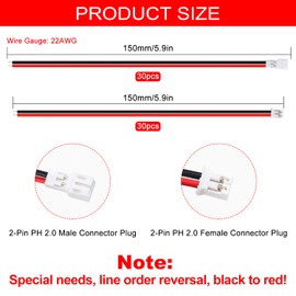 Lyeteung 30 Pairs Mini Micro JST-PH 2.0 Plug Connector, JST 2 Pin Micro Electrical Male and Female Connector Plug Wire Cable, with 150mm 22AWG Wire (Black Red)