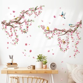 Cherry Blossom Tree Branch Wall Decals Pink Peach Flower Wall Stickers Peel and Stick Spring Floral Birds Wall Art Decor for Girls Bedroom Living Room Kitchen Sofa TV Backdrop Wall Decoration
