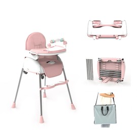 Tigasy 4 in 1 Portable Baby High Chair with Carrying Bag and Removable Tray,Foldable Travel High Chair ，Portable and Easy to Clean.(Pink)