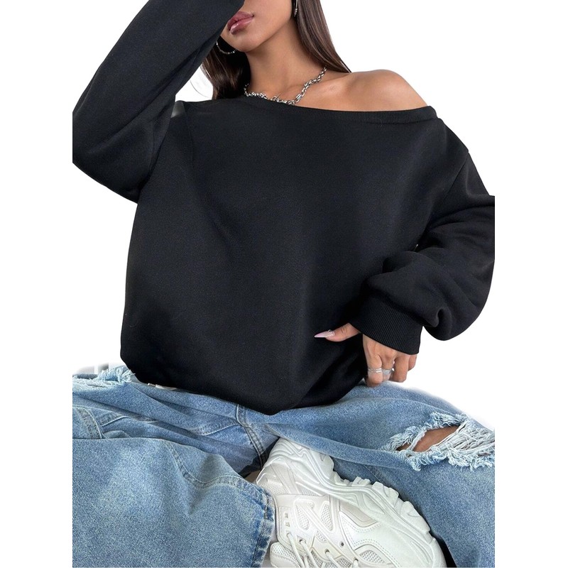 Remidoo Womens Off Shoulder Sweatshirt Drop Shoulder Oversized Long Sleeve