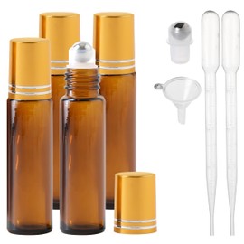 Essential Oil Roller Bottles, 10ml Thick Glass Perfume Roller Bottles with Funnel Opener and Dropper Colored Glass Empty Bottles with Stainless Steel Roller Balls (Brown - golden cover, 4 Pack)
