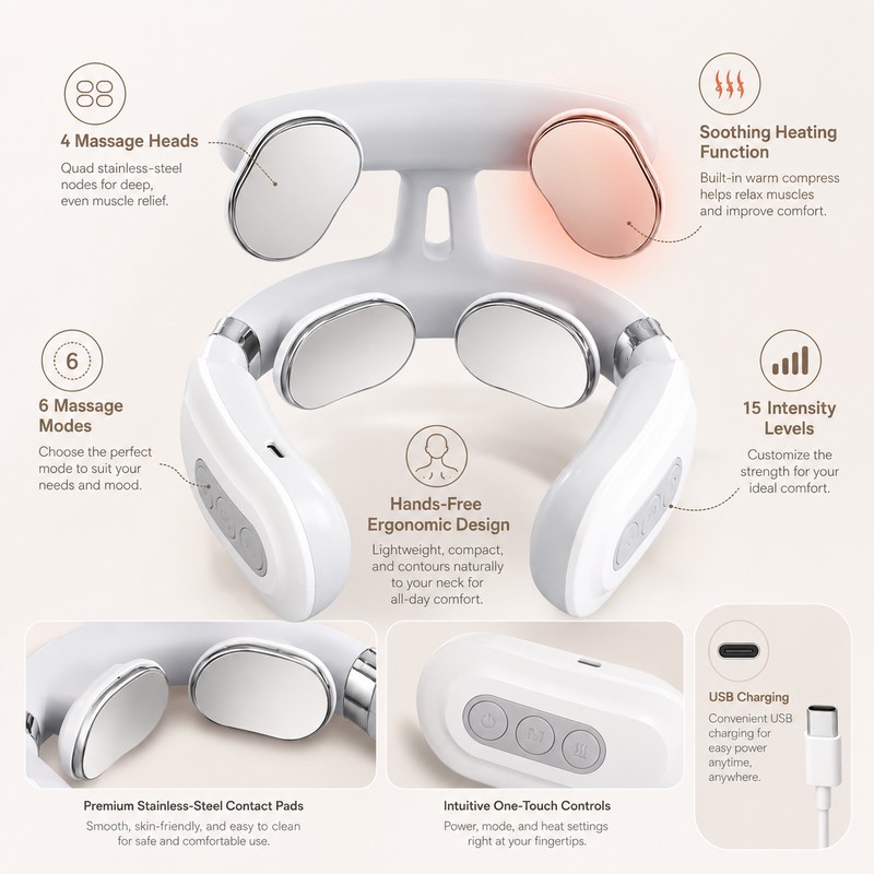 Heated Neck Massager for Relaxation – USB Rechargeable 4-Head Shoulder