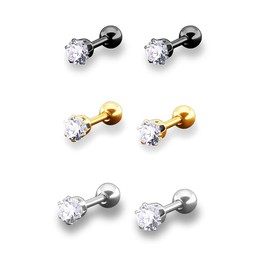 Stud Surgical Stainless Steel Earrings, 3A Zirconia, Women's, Men's, 6 Prong Earrings, Allergy Free, Binaural, 3 Pairs Set (0.1 inch (3 mm) Set)