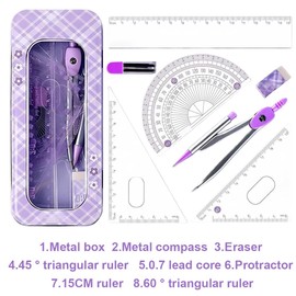 WUSJCOF Geometry Set Compass and Accessories for Primary and Secondary School, Complete Set with Set Square, Ruler, School Supplies for Students (Purple)