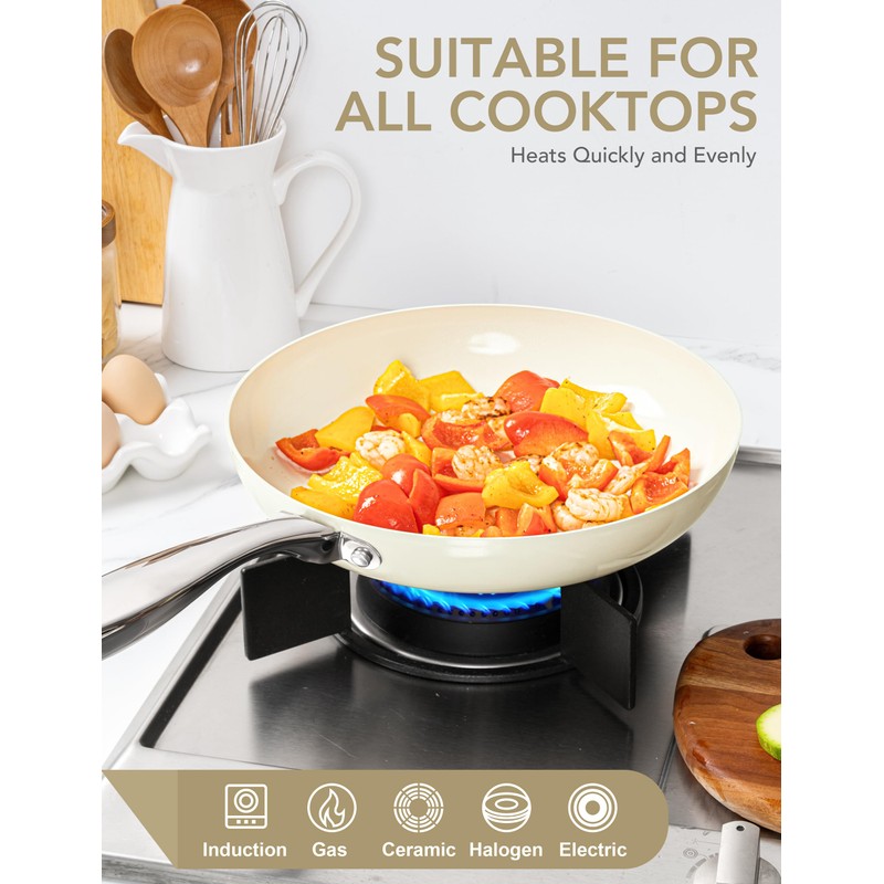 MICHELANGELO Large Frying Pan with Lid, 14 Inch Ceramic Skillet