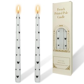 Black Little Heart Printed Taper Candles Smokeless - 2 pcs Handmade White Taper Candle Uncented Candle 10 inches Long Printed Tapered Candles for Home Party Wedding Restaurant Holiday Decor