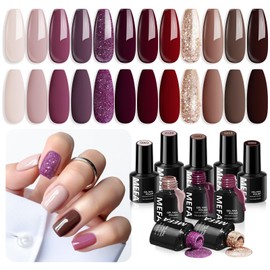 MEFA Gel Nail Polish Set, 12 Colors Burgundy Red Nail Polish Set Champagne Gold Glitter Nail Polish Gel Soak Off Dark Red Purple Shimmer Nude Brown Manicure Gifts for Women Girl DIY Salon Home