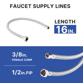 WMAXPFIT(2 Pack) 16 Inch Faucet Water Supply Line 3/8 Inch Female Comp. x 1/2 Inch FIP, Faucet Flexible Water Connector Hose, Stainless Steel Braided Water Supply Line (16 INCHES)