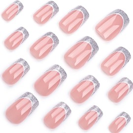 24 Pcs Nude Pink Press on Nails Medium Square - SHANRUN Summer Fake Nails Press ons Nail Art Tips Glue on Nails Full Cover False Nails with Silver Glitter French Design Stick on Nails Acrylic Nail Kit