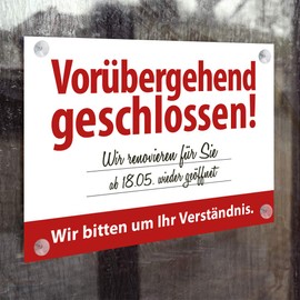 WIRKSAMWERBEN Closed Sign: Temporarily Closed, Writeable, Includes Suction Cups, Red, DIN A5, Acrylic Glass