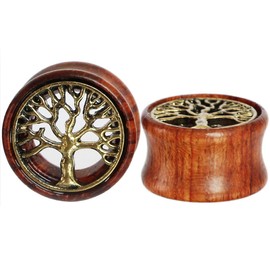 Oasis Plus Tree of Life Organic Wood Flesh Tunnels Double Flared Ear Stretcher Saddle Plugs Gauge 12mm 1/2"