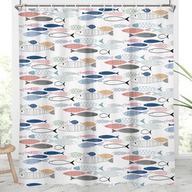 AAtter Fish Shower Curtain Nautical Beach Boys Kids Teen Navy White Coastal Ocean Sea Lake Blue Red Green Gray Yellow Extra Long XL Large Home Bathroom Decor Bathtub Set with 12 Hooks, 72x84, Colorful