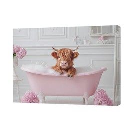 Bathroom Cow Wall Art Highland Cow Wall Decor Pink Pictures Canvas Painting Framed Artwork Home Decorations for Toilet Lavatory Living Room Bedroom 16"x12"