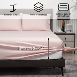 HYPREST Extra Deep Pocket Queen Sheet Sets Fits 18"-24" in Deep Mattress -100% Cotton Queen Sheet Set,Pink Hotel Luxury Soft Wrinkle Free Cooling Sheet Sets for Queen Bed Deep Pocket