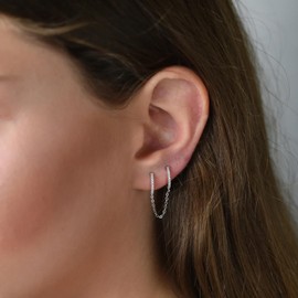 CERSLIMO Silver Chain Hoop Earrings for Women - Double Piercing Chain Huggie Hoop Earrings for Two Holes, Small Dangle Chain Cubic Zirconia Hoop Earrings for Men Jewelry Gifts