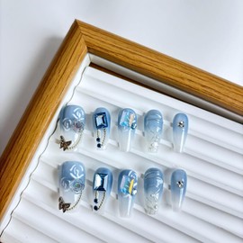 Yabonica Blue Rhinestone Press On Nails French Tips Coffin,10Pcs Handmade Pre Designed Press On Nails- Luxury Glue On Nail with Cute Salon Design,Acrylic Stick On Nails for Women Girls Gift (071,S)