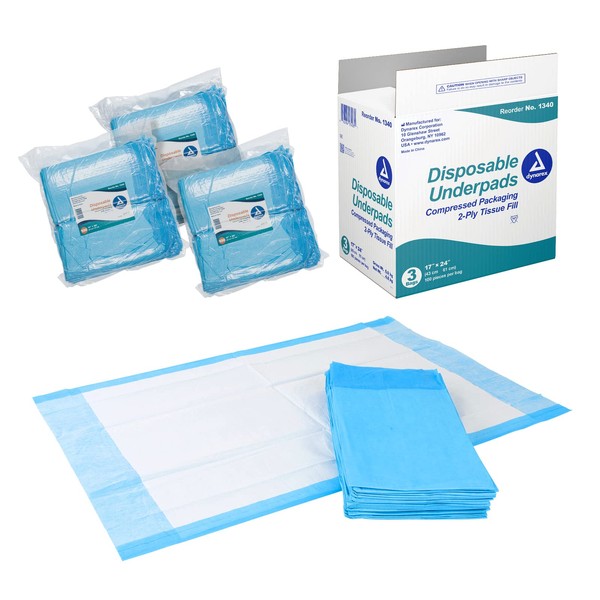 Dynarex Disposable Underpads, Tissue Fill (2 Ply), Medical-Grade Incontinence Bed Pads to Protect Sheets, Mattresses, and Furniture, 17”x24” (15g), 1 Case of 300 Disposable Underpads (3 Boxes of 100)