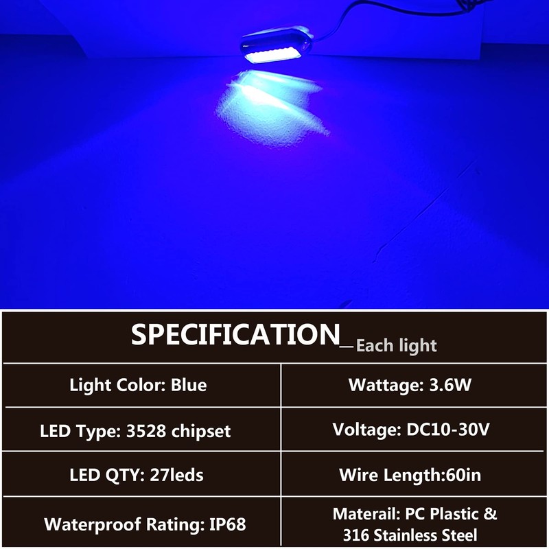 UWDESY 2Pcs 27 LEDs Blue Marine Boat Lights,IP68 Waterproof Underwater