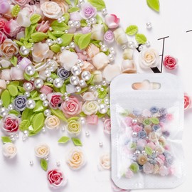 MOLILON Flower Nail Charms, 100pcs 3D Flowers for Nails Gradient Flower Leaf Nail Pearl Rose Spring Nail Art Resin Nail Design Acrylic Manicure Decoration for Women Girl Craft DIY