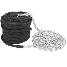 NovelBee 3/8 Inch x 50 Feet Double Braid Nylon Rope with 1/4 Inch x 15 Feet Galvanized Chain for Boat Anchor Rope and Dock Line (Black)