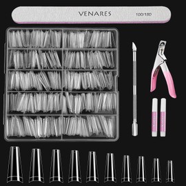 Venares Half Tips for Gel Nails, 500 Pieces Coffin Fake Nail Tips, 10 Sizes, Half Tips Nails for Sticking, Acrylic Nails Tips Set with Glue, Nails, Files, Nail Clippers, Cuticle Pusher