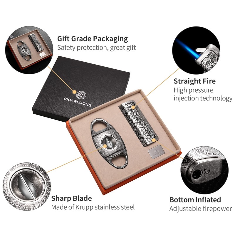 CIGARLOONG Cigar Cutter and Lighter Set Sharpening Blade V Cut