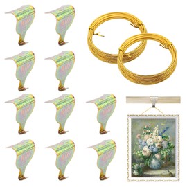 Picture Rail Hooks and Wire, 10pcs Brass Plated Antique Style Moulding Photo Frame Hooks, Brass Wire for Picture Rail Wall Hanging, Picture Hanging Kit Picture Hangers Heavy Duty(10 pcs)