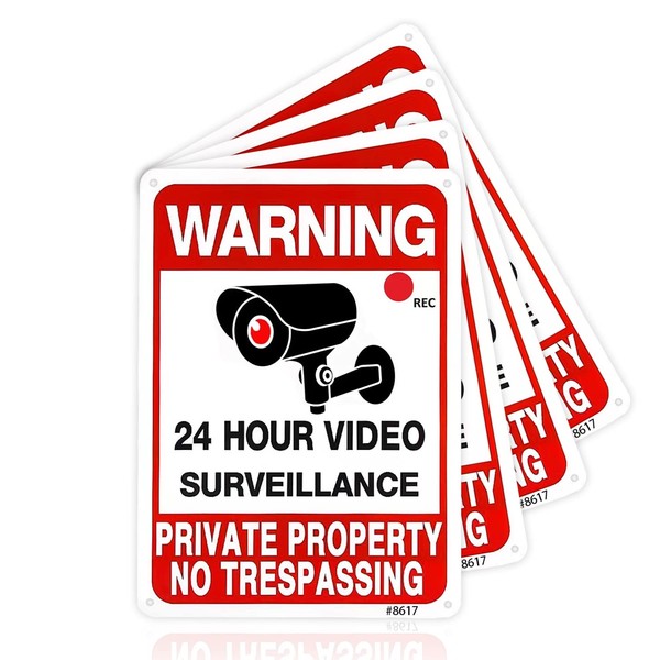 4-Pack Private Property No Trespassing Signs - 10 x 7 inch Video Surveillance Signs Outdoor with Security Camera - Rust Free Aluminum - 24 Hour Surveillance Sign - Warning Signs for Property - Security Signs for Yard - Camera Signs for Property - Home Se