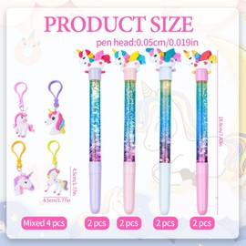 CVDYWDJIE 8 Pieces Rainbow Horse Quicksand Pens, 4 Pieces Key Chains, Creative Cartoon Glitter Pens, Cute Girls Gifts, School Stationery