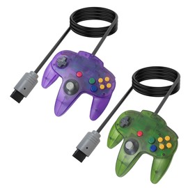 MIFADLE 2 Packs Classic 64 Wired Controller Joystick,Shaped Like an M, for N64 Video Game System N64 Console,Transparent Green and Transparent Purple