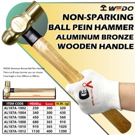 WEDO Ball Pein Hammer,32oz Non-Sparking Ball Peen Hammer,Aluminum Bronze,Wooden Handle,Length 365mm,Die-forged Hammer Head 910g,Corrosion Resistant Drilling Hammer,BAM & FM Certificate,DIN Standard