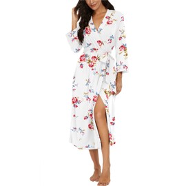 PrinStory Women Kimono Robes Long Knit Bathrobe Soft Womens Dressing Gowns V-Neck Sleepwear Casual Ladies Loungewear (Flower Print White, XXL)