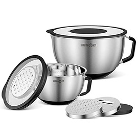 HAPPY KIT Mixing Bowls With Lids Set of 2,Stainless Steel Mixing Bowl With Pour Spout, Non-slip Handle and Bottoms, 3 Grater Attachments, Measurement Marks & Lid, Size 5, 3QT(Black)