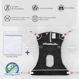 EZ Assistive Patient Lift Sling with Commode Opening for Toileting with Laundry Bag,Medical Full Body Sling for Bedridden Patients/Elderly to Transfer,Reposition,Bathing-500Lbs(Black, Large)
