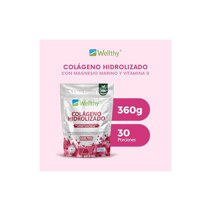 Wellthy Colágeno Hidrolizado Vitamina Magnesio Marino 360g Sabor Fresa Sugar