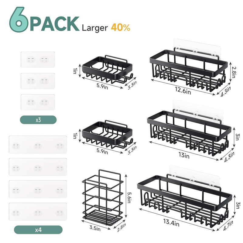 Veken Shower Caddy 6-Pack, Advanced Rustproof Design, No Drilling Adhesive