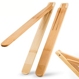 Bamboo Wood Salad Tongs with Space Saving Collapsible Spring, 11" Cooking Tong Enhanced Grip for Kitchen, BBQ Cooking, Camping or Grill, Foldable Carry or Storage, Flipping and Serving | Set of 2