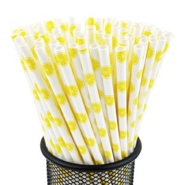 YAOSHENG Premium Disposable Drinking Fruit Paper Straws, Pack 100 Lemon Paper Straws for Cocktail Party Supplies,Birthday,Bridal/Baby Shower,Juice,Shakes (Lemon)